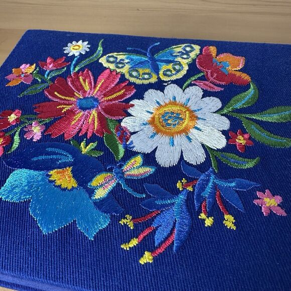 Brighton Fabric Box Blue Floral Embroidered Keepsake Classic Simple Gift Box - Picture 11 of 11